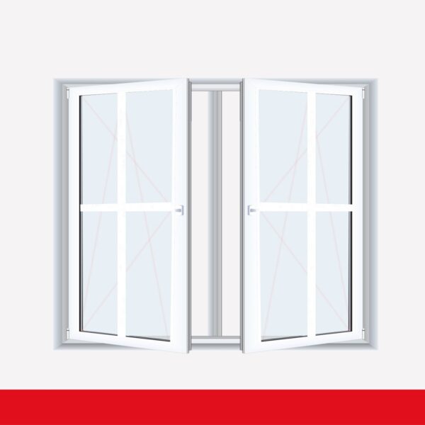 Sprossenfenster Typ 4 Felder Weiß 2 flg. DK-DK Kunststofffenster 26mm Kreuzsprosse